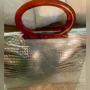 Silver Crocodile-Embossed Zip Closure Metallic Bag with Brown Acrylic Handles